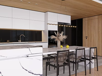 Modern Living and Dining Room Interior With Marble Counter and White Cabinets 3d model