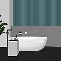 Modern White Freestanding Bathtub With Cabinet Green Plant And Striped Wall