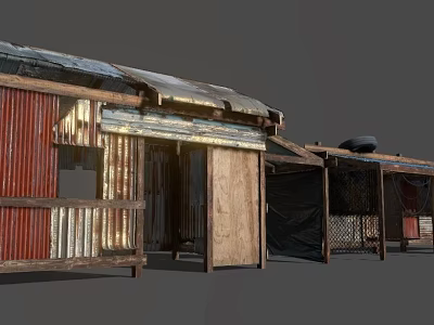 Makeshift Shacks With Corrugated Metal Walls Weathered Wooden Planks And Tarpaulin Covers 3d model