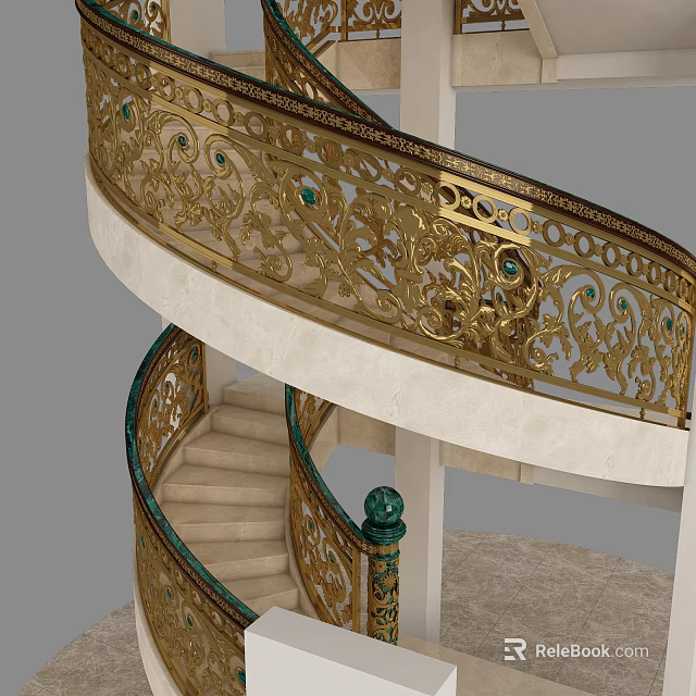 Luxurious Classical Staircase With Golden Carved Railing And Green Gemstone Decorations 3d model 