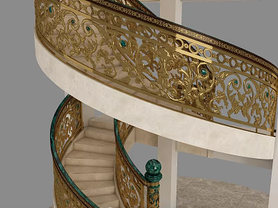 Luxurious Classical Staircase With Golden Carved Railing And Green Gemstone Decorations 3d model