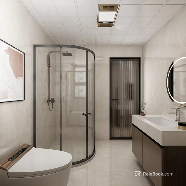 Modern Bathroom Interior With Glass Shower Enclosure Toilet Vanity Round Mirror And Tiled Walls 3d model 
