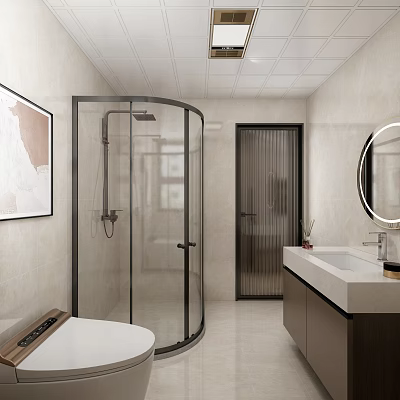 Modern Bathroom Interior With Glass Shower Enclosure Toilet Vanity Round Mirror And Tiled Walls 3d model