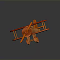 Wooden Biplane Model With Orange Brown Color Propeller And Wheels On Dark Background With Reflections