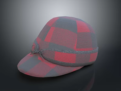 Stylish Red And Gray Plaid Knitted Hat With Ribbon Decoration 3d model