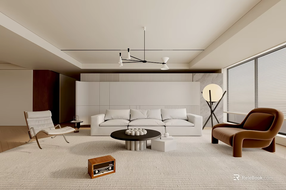 Modern Minimalist Living Room Interior With White Sofa Brown Armchair And Coffee Table 3d model 