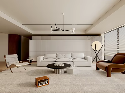 Modern Minimalist Living Room Interior With White Sofa Brown Armchair And Coffee Table 3d model