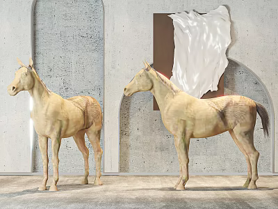 Two Beige Horse Sculptures In Room With Gray Wall White Fabric Artwork And Gray Carpet 3d model