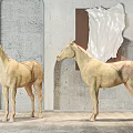 Two Beige Horse Sculptures In Room With Gray Wall White Fabric Artwork And Gray Carpet