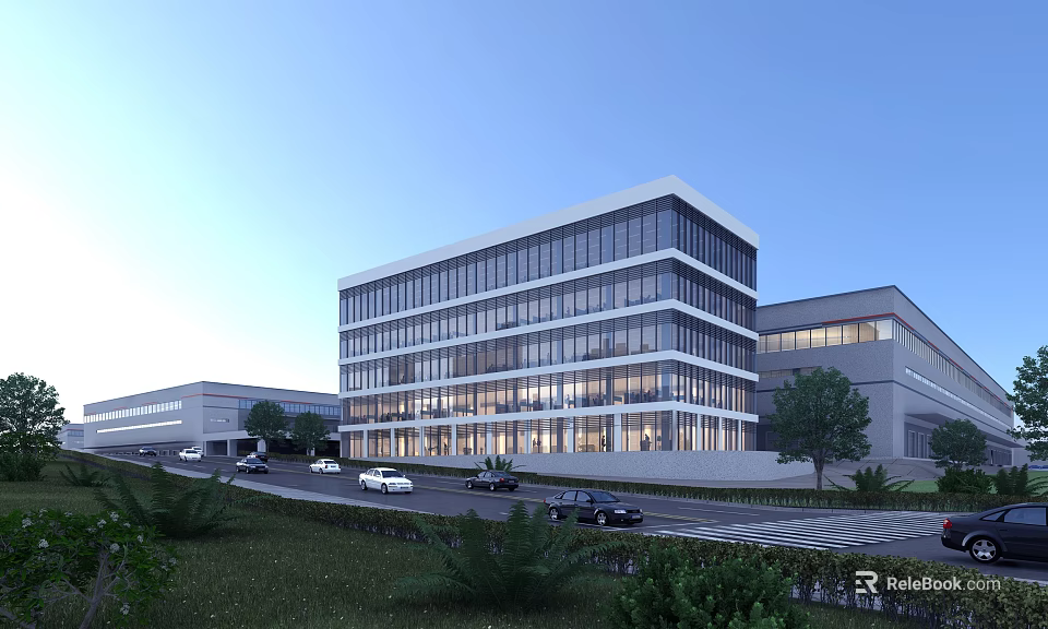 Modern Glass Curtain Wall Office Building With Multiple Floors Surrounding Road And Greenery 3d model 