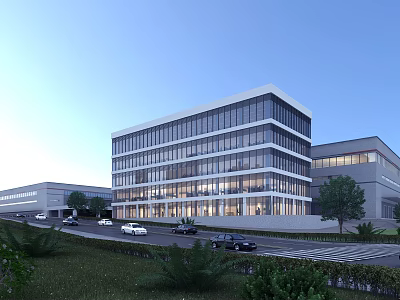 Modern Glass Curtain Wall Office Building With Multiple Floors Surrounding Road And Greenery 3d model