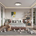 Cozy Kids Room Interior With Bed Stuffed Toys Area Rug Bookshelves And Decorative Art