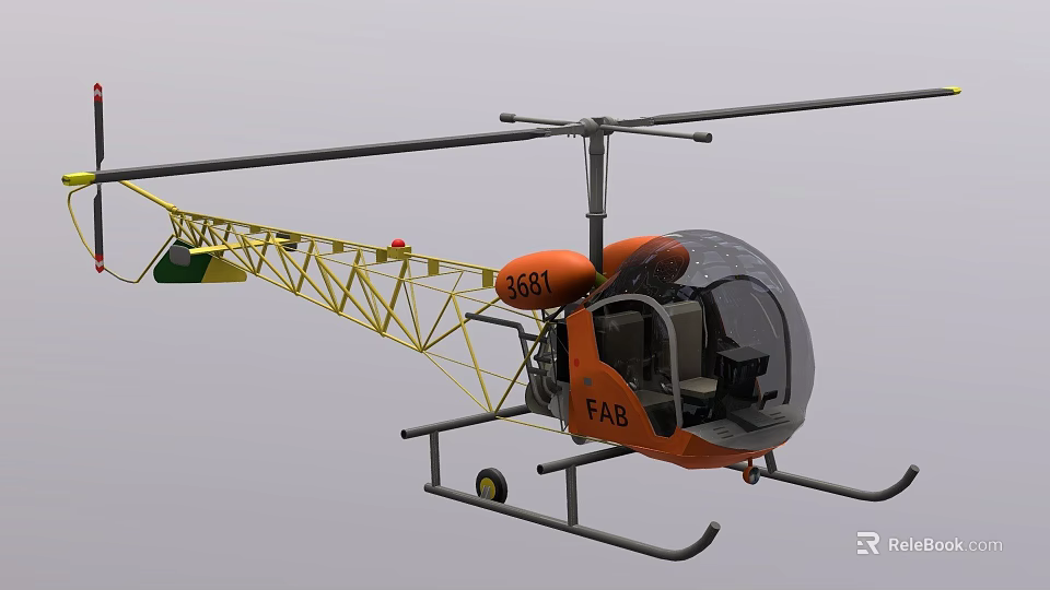 Orange Lightweight Helicopter With Transparent Cockpit FAB Marking And Yellow Frame 3d model