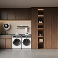 Modern Laundry Room With Two White Washing Machines Wall Mounted Dryer And Wooden Cabinets