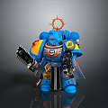 Blue Warrior Figure With Yellow Shoulder Armor And Halo Head Dual Guns And Skull Decoration