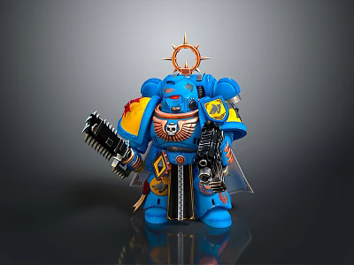 Blue Warrior Figure With Yellow Shoulder Armor And Halo Head Dual Guns And Skull Decoration 3d model
