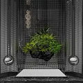 Hanging Green Plant Arrangement with Black Grid Background and Side Lights on Platform Base