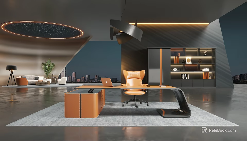 Modern Office Interior With Large Desk Orange Chair Black Pendant Light And City Night View 3d model 