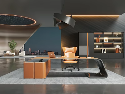 Modern Office Interior With Large Desk Orange Chair Black Pendant Light And City Night View 3d model