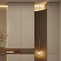 Modern Entrance Hallway Design With Wooden Panels Built in Lighting Storage Cabinets And Fireplace