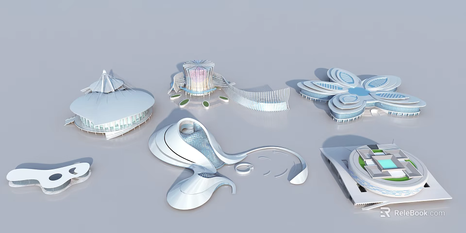 Multiple Futuristic Abstract White Architectural Models With Creative Design Elements 3d model 