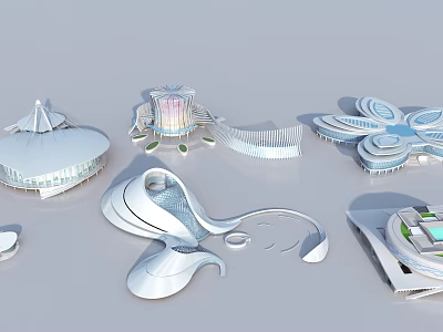Multiple Futuristic Abstract White Architectural Models With Creative Design Elements 3d model