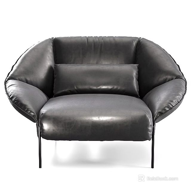 Modern Black Leather Single Sofa With Curved Backrest and Metal Legs and Comfortable Cushion Design 3d model 