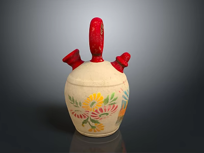 Handcrafted Ceramic Sculpture With Red Handle Nozzles And Colorful Floral Patterns 3d model