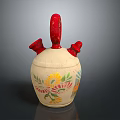 Handcrafted Ceramic Sculpture With Red Handle Nozzles And Colorful Floral Patterns