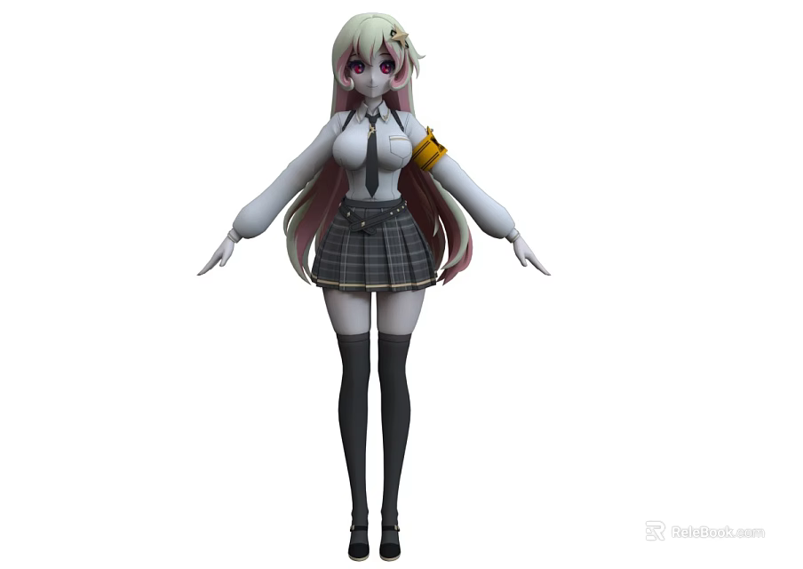 Anime Woman With Long Hair Wearing White Shirt Plaid Skirt Yellow Armband Knee High Socks 3d model 
