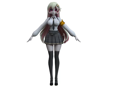 Anime Woman With Long Hair Wearing White Shirt Plaid Skirt Yellow Armband Knee High Socks 3d model