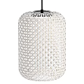 Three White Woven Pendant Lights With Lattice Design And Black Hardware