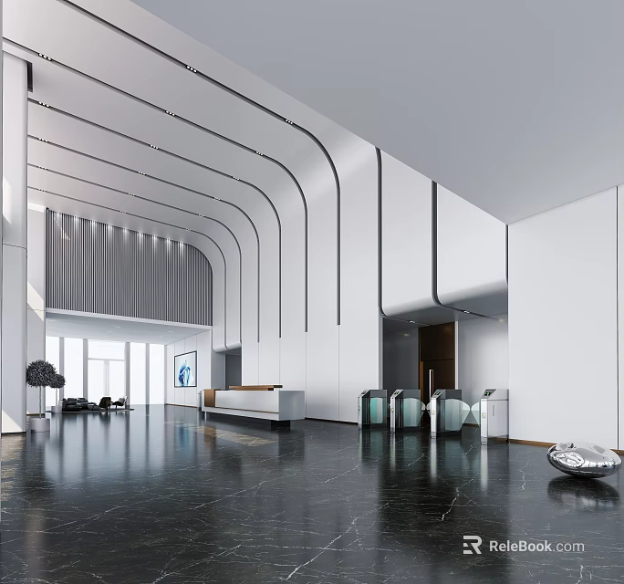 Modern Lobby Reception Area With Curved Lighting And Sleek Marble Floor 3d model 