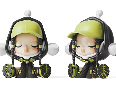 Cute Fashion Dolls with Green Hats Black Hoodies Braided Pigtails and White Pom Pom Decorations 3d model