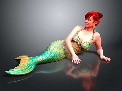Red Haired Woman In Green And Yellow Mermaid Tail Lying On Black Smooth Surface 3d model