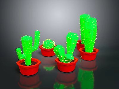 Multiple Green Cactus Plants in Red Pots on Black Background 3d model