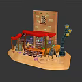 Cartoon Scene With Orange Building Red Awning Street Lamp Shelves Blackboard And Small Items