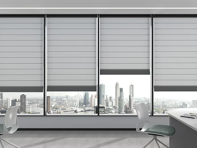 Modern Office Interior With Window Blinds And City View Through Windows 3d model