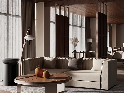 Modern Hotel Public Lounge Area With Beige Sofa Round Wooden Coffee Table And Large Windows 3d model