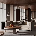 Modern Hotel Public Lounge Area With Beige Sofa Round Wooden Coffee Table And Large Windows