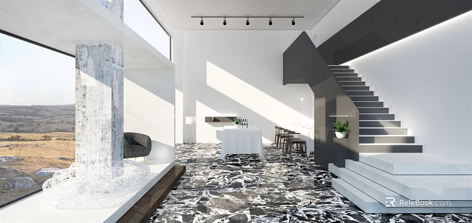 Modern Restaurant Interior With Open Space Marble Floor Dining Table Natural Light And Pendant Lights 3d model 