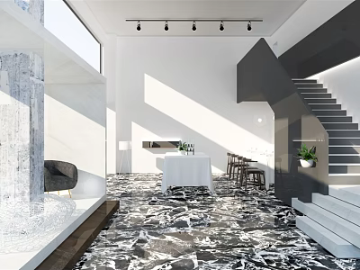 Modern Restaurant Interior With Open Space Marble Floor Dining Table Natural Light And Pendant Lights 3d model