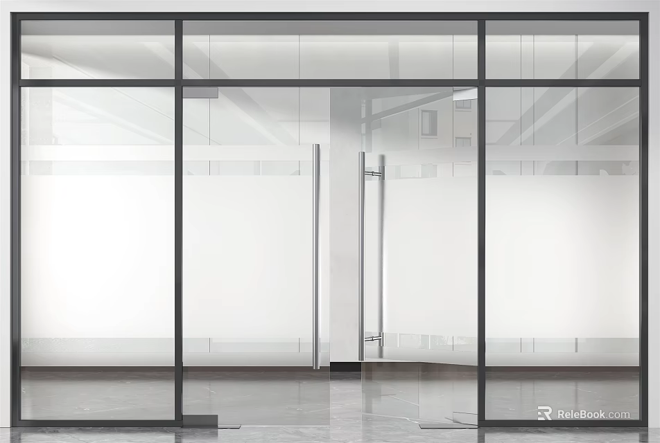 Modern Glass Partition Interior With Black Frame And Reflective Floor Design 3d model 