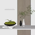 Decorative Ornament Set With Green Plant Arrangement Black White Vases And Baylor Model Books