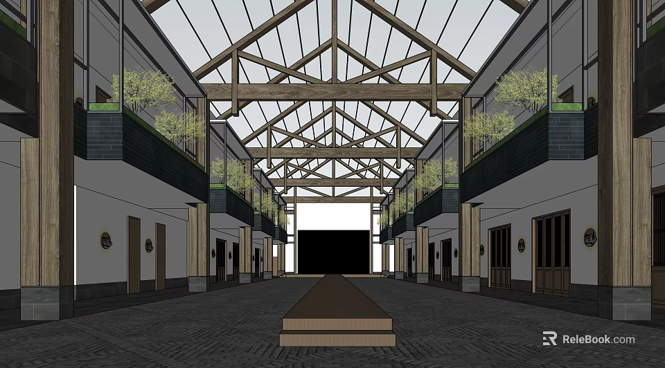 Spacious Indoor Corridor With Arched Wooden Roof And Green Plants On Sides 3d model 