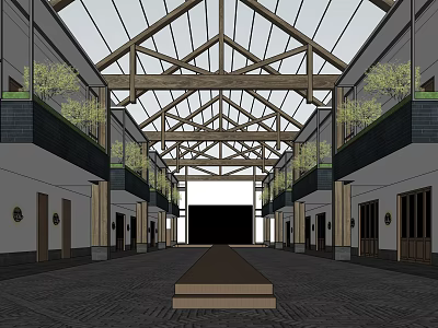 Spacious Indoor Corridor With Arched Wooden Roof And Green Plants On Sides 3d model