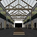 Spacious Indoor Corridor With Arched Wooden Roof And Green Plants On Sides