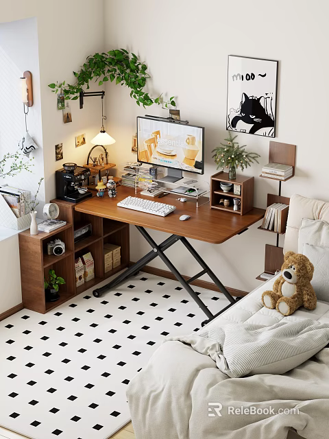 Cozy Bedroom Interior With Wooden Desk Computer Lamp Plants Bookshelf Teddy Bear And Checkered Floor 3d model 