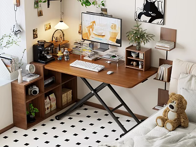 Cozy Bedroom Interior With Wooden Desk Computer Lamp Plants Bookshelf Teddy Bear And Checkered Floor 3d model