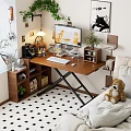 Cozy Bedroom Interior With Wooden Desk Computer Lamp Plants Bookshelf Teddy Bear And Checkered Floor